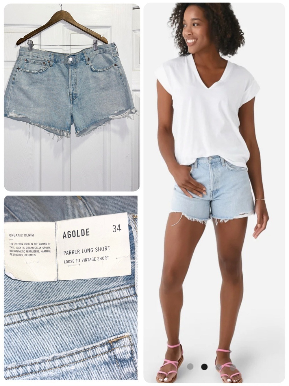 NWT Agolde Parker Long Denim Shorts in Twister Wash Frayed Hem Jeans Size 34
